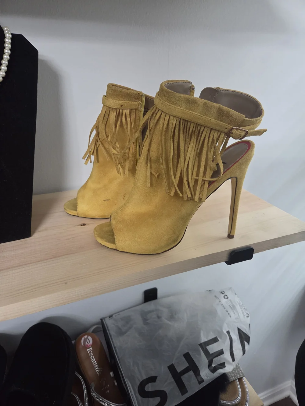 Yellow Fringe Suede Peep-Toe High Heel Booties